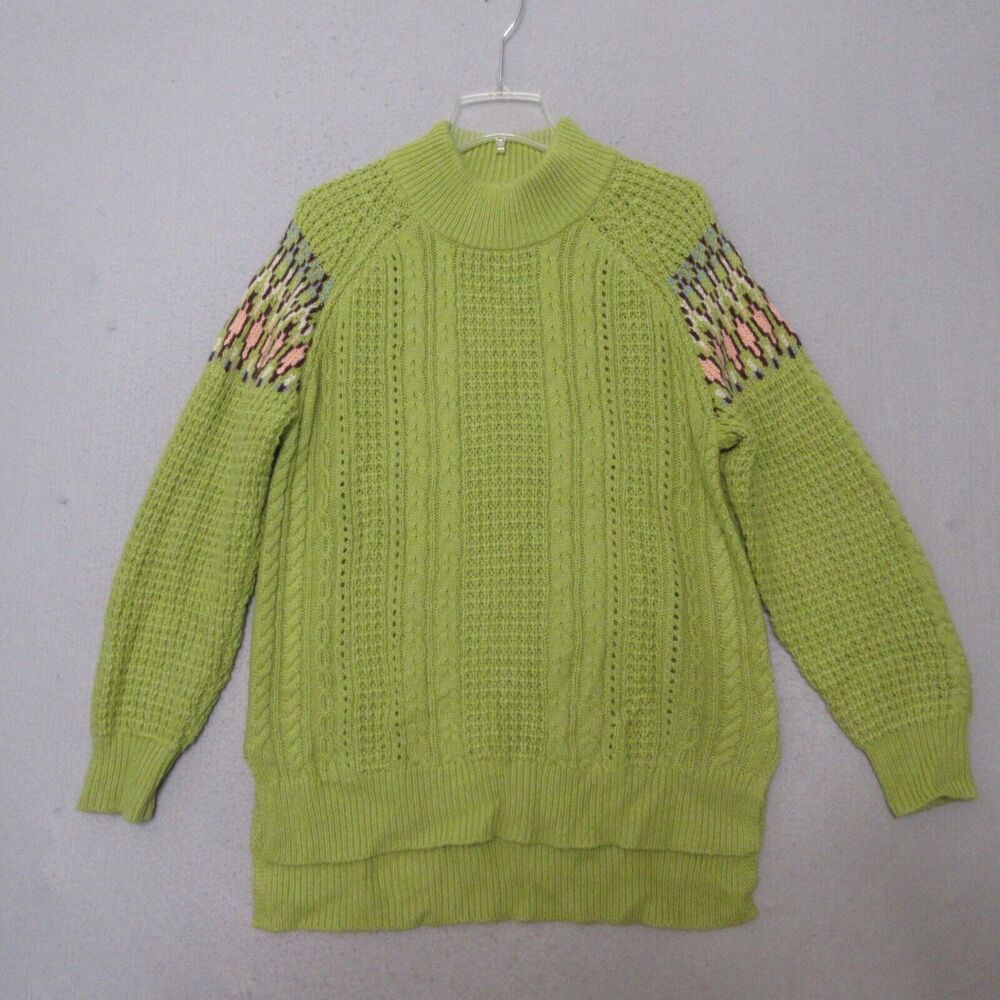 Sundance Sweater  Small‎ Green Mock Neck Boho Cozy Cable Waffle Knit Relaxed
